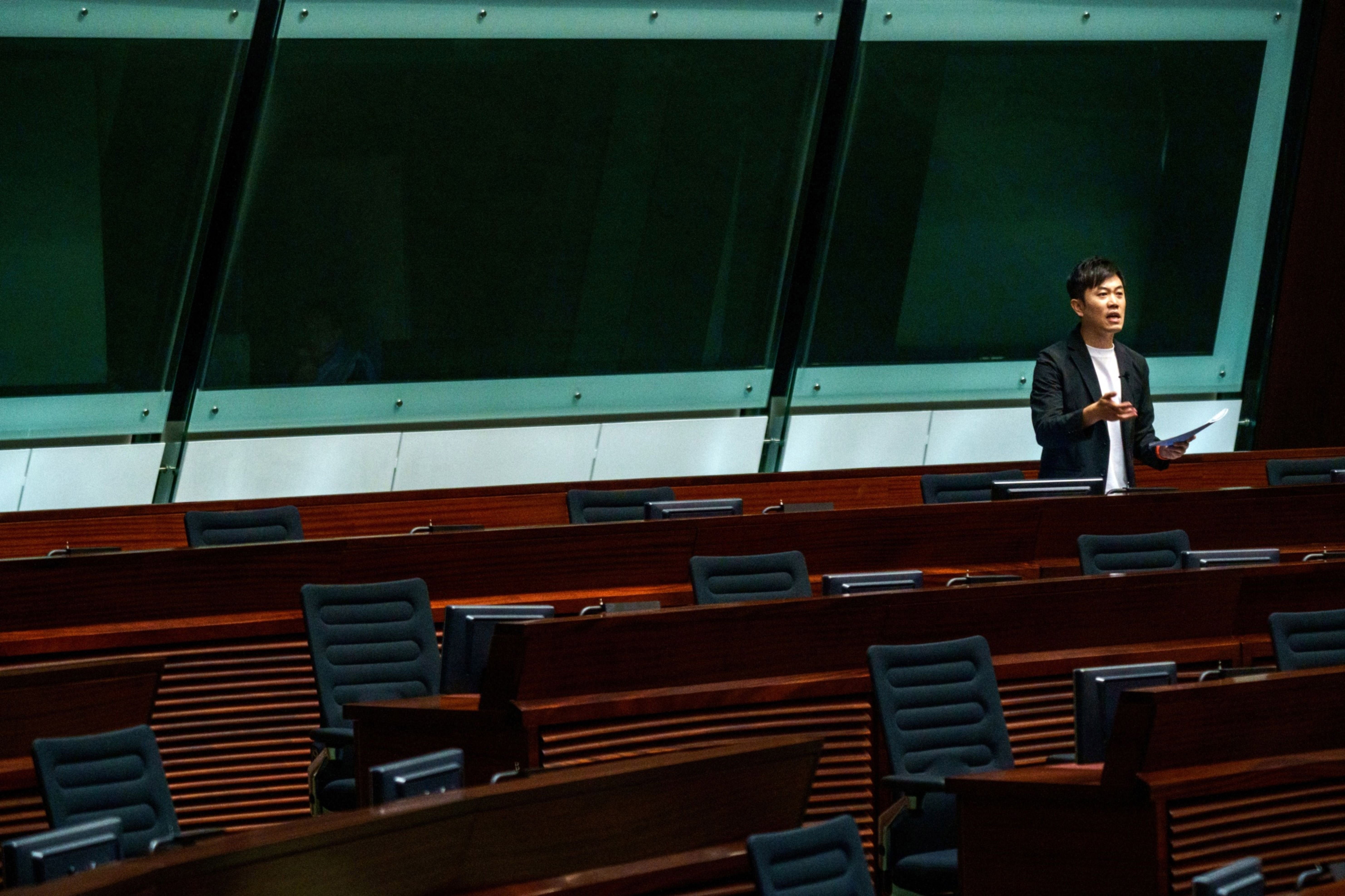 Cheng Chung-tai during a legislative council meeting in Hong Kong in May