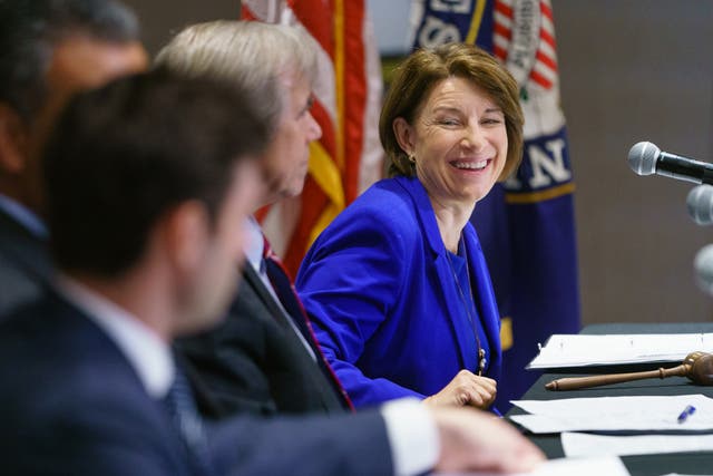 <p>U.S. Sen. Amy Klobuchar (D-MN) attends a U.S. Senate Rules Committee Georgia Field Hearing on the right to vote at the National Center for Civil and Human Rights on July 19, 2021 in Atlanta, Georgia</p>