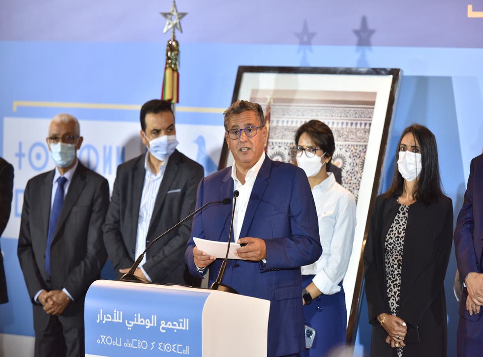 <p>Aziz Akhannouch, head of the Moroccan National Rally of Independents, gives a speech after his party came first in the parliamentary elections</p>