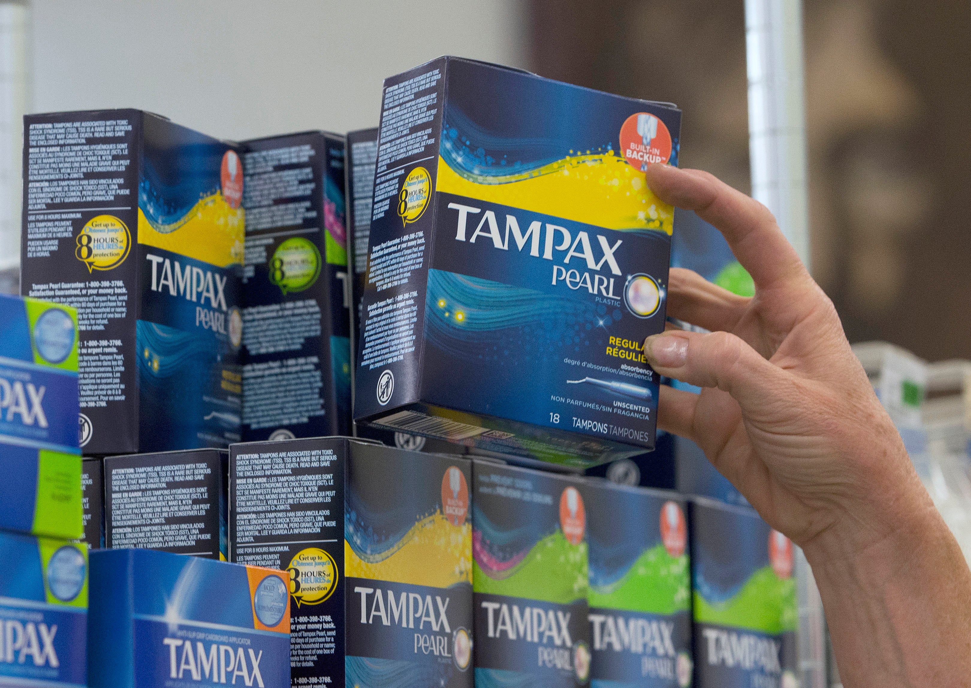Tampax being stocked at a supermarket in Sacramento, California