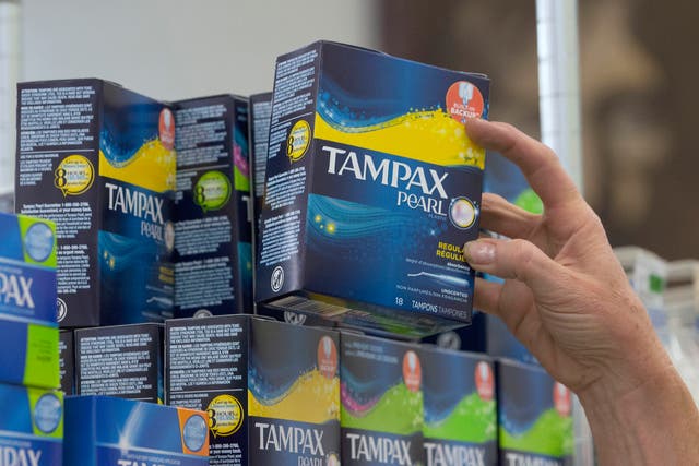 <p>Tampax being stocked at a supermarket in Sacramento, California </p>