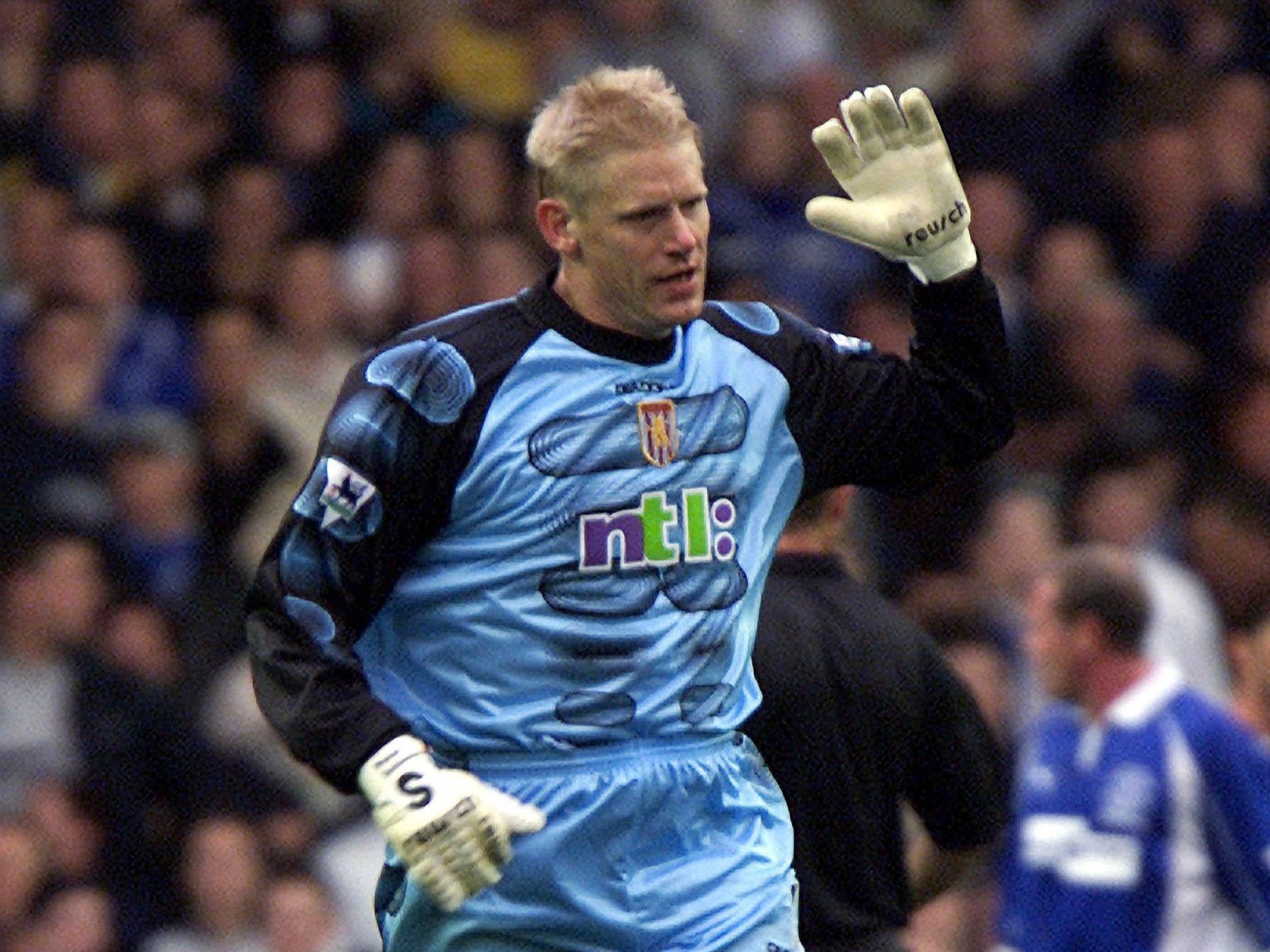 Peter Schmeichel reacts after scoring for Aston Villa against Everton (David Kendall/PA)