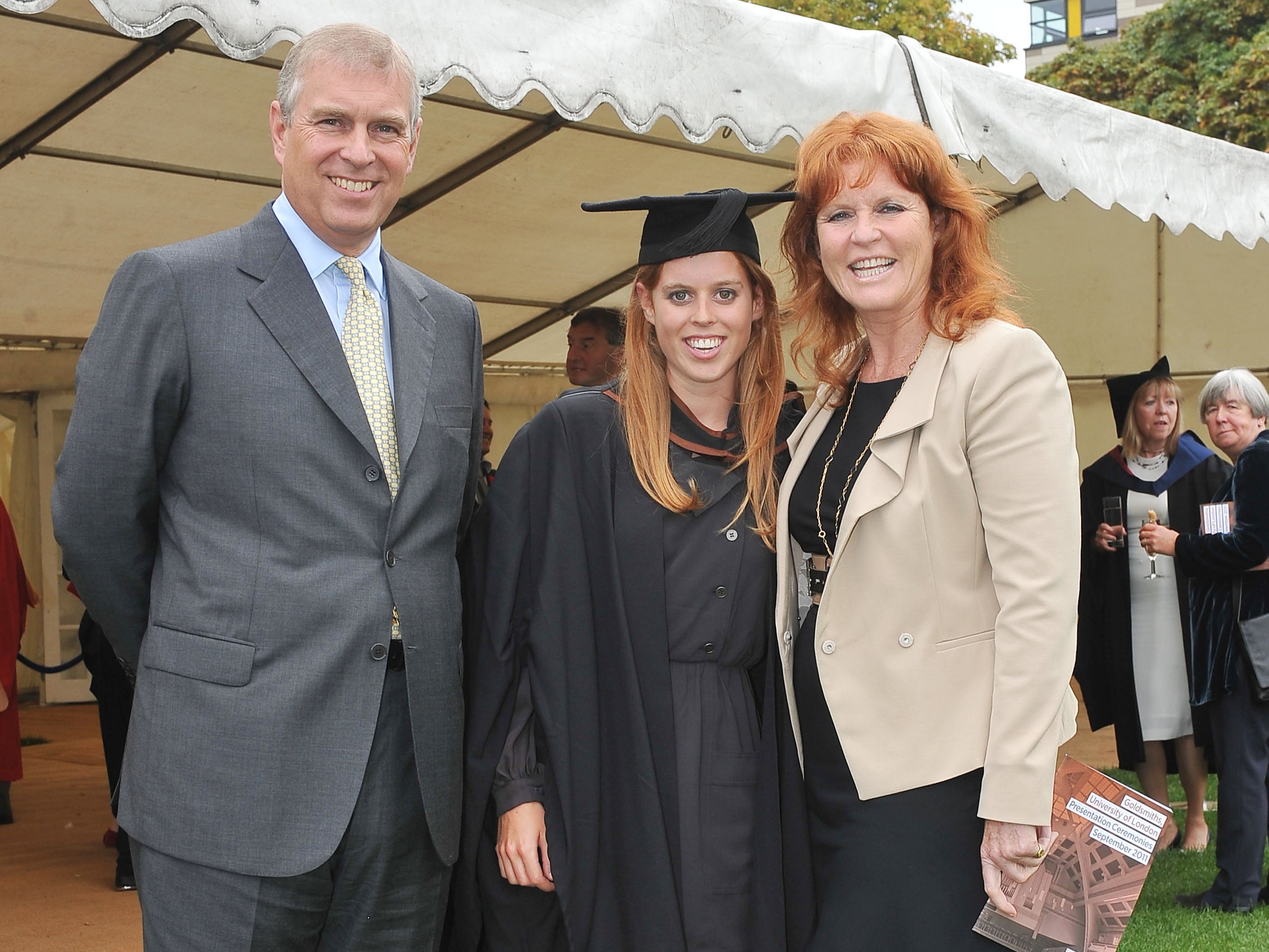 <p>Prince Andrew, The Duke York (L), Sarah, Duchess of York (R) and their daughter, Princess Beatrice, following her graduation ceremony at Goldsmiths College</p>