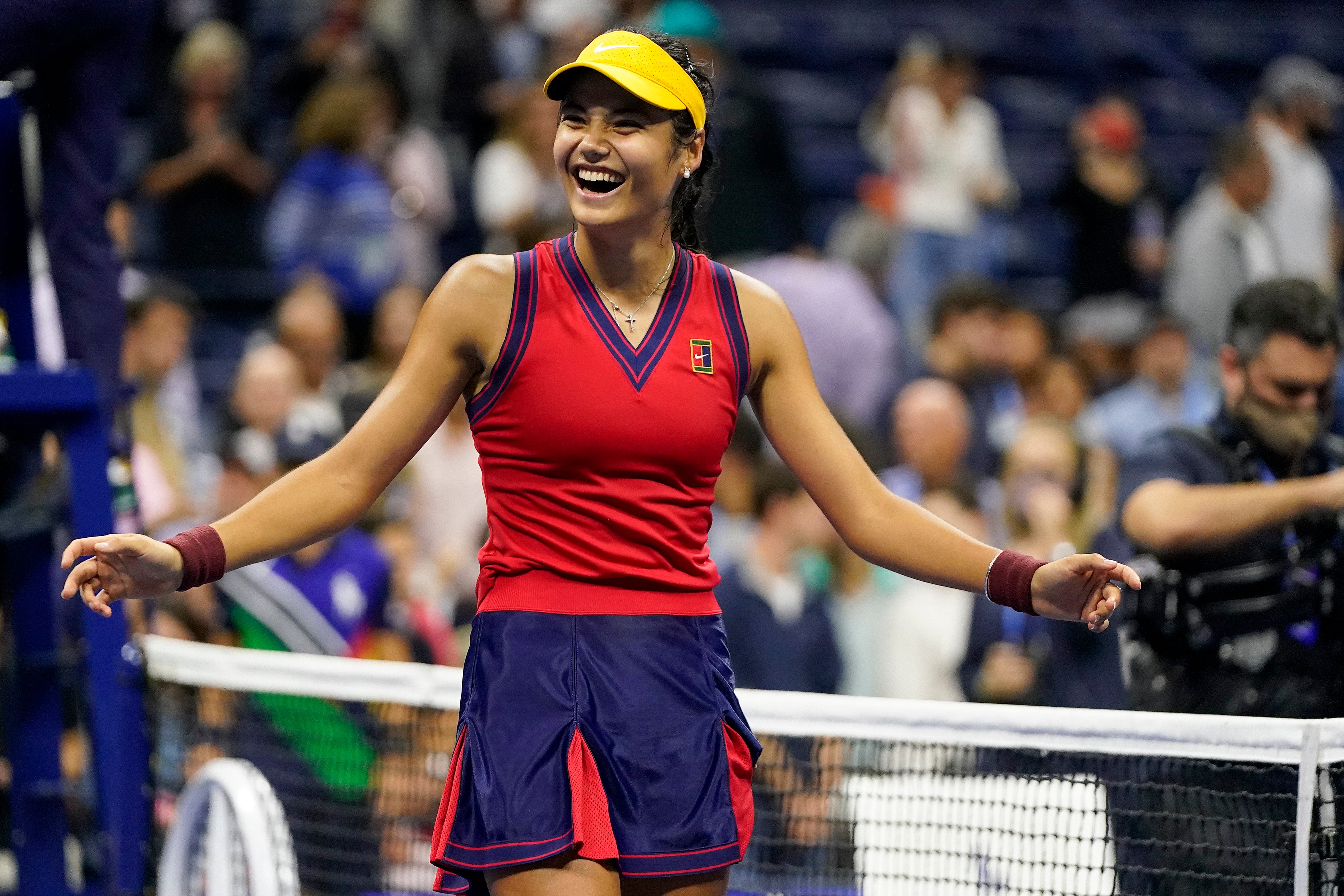 Emma Raducanu reacts to her semi-final win at the US Open (Frank Franklin II/AP)