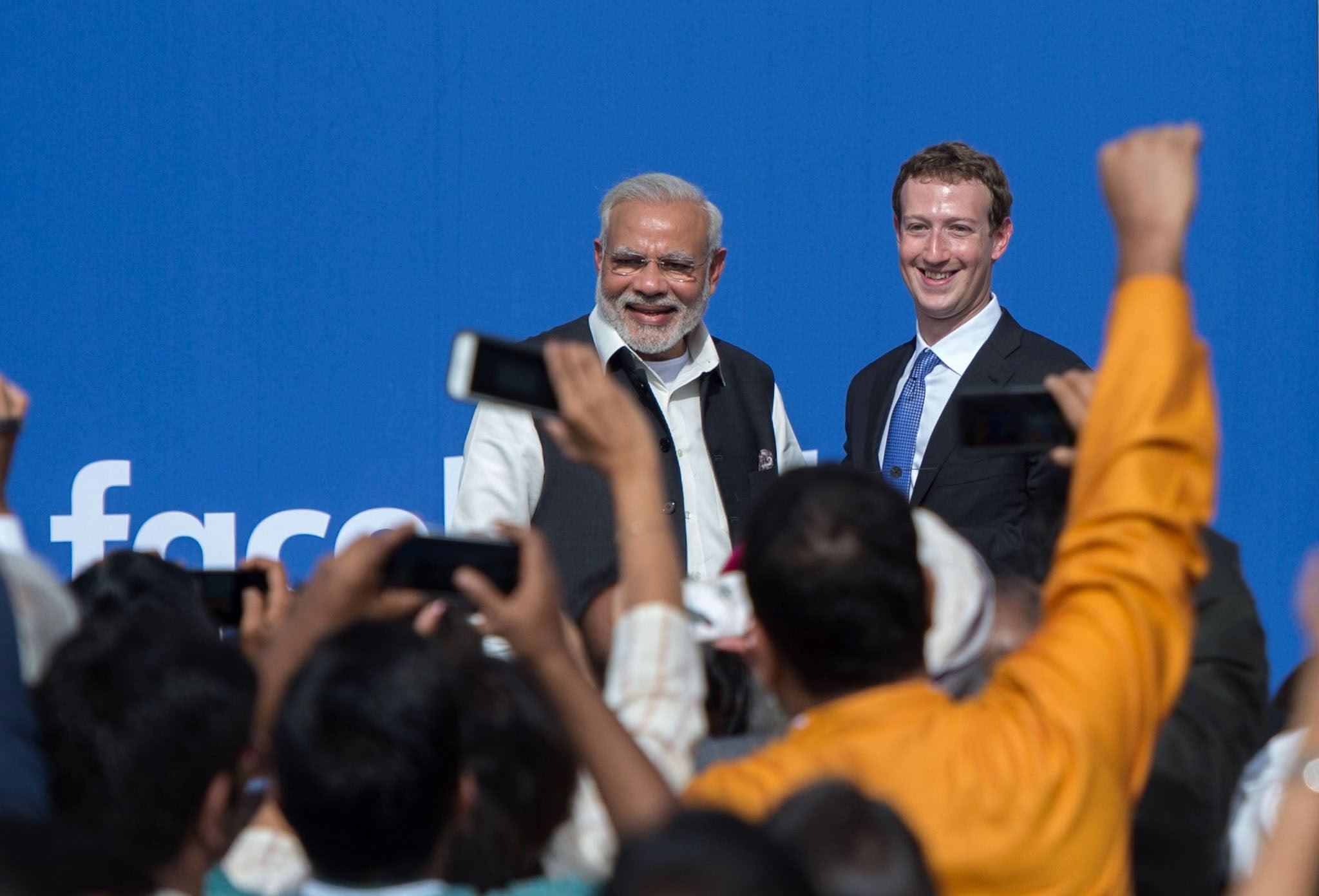 Indian prime minister Narendra Modi and Facebook CEO Mark Zuckerberg attend a Townhall meeting, at Facebook headquarters in 2015