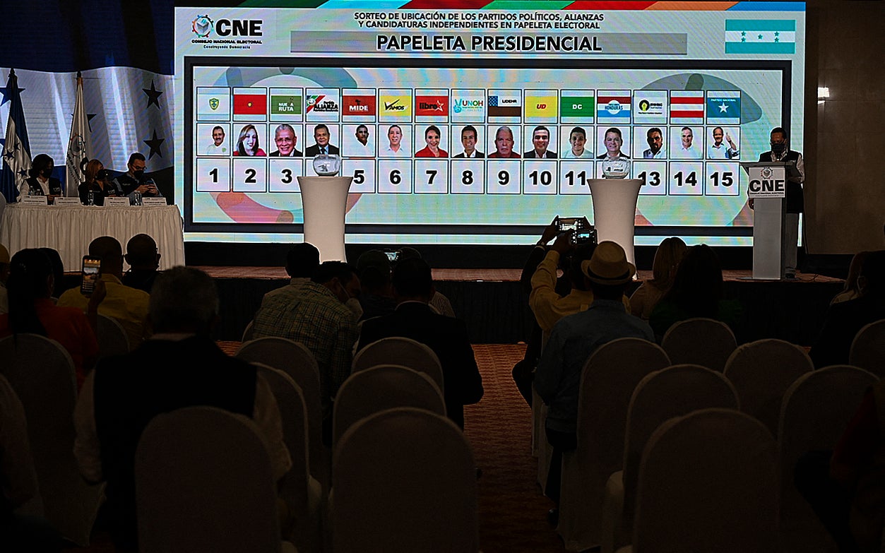 A screen with the electoral ballot after the draw for the order in which presidential candidates will appear on it for the November elections
