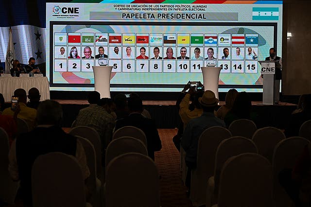 <p>A screen with the electoral ballot after the draw for the order in which presidential candidates will appear on it for the November elections</p>