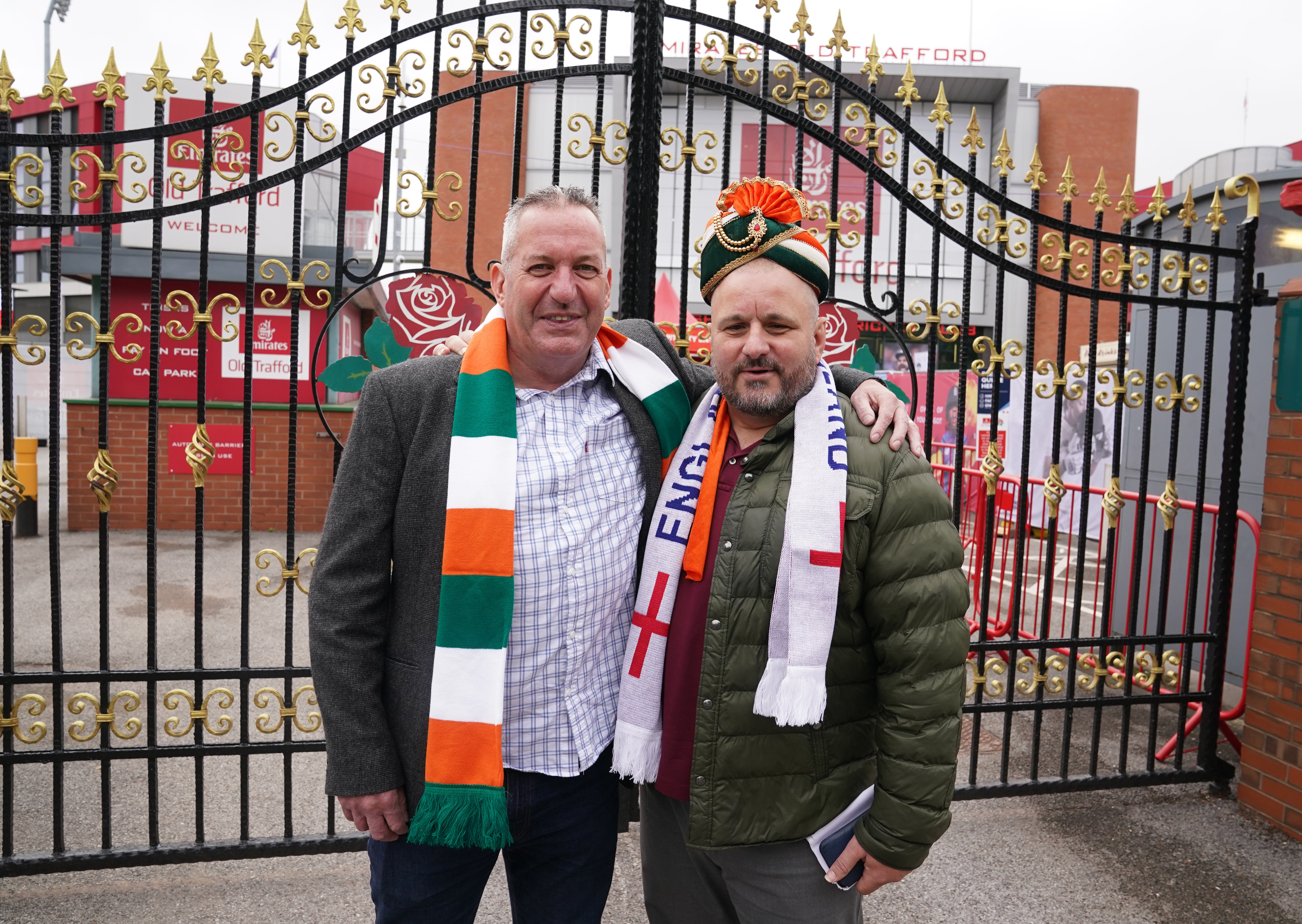 Cricket fans Jason and Ivan outside Emirates Old Trafford in Manchester after India forfeited the fifth Test against England over Covid concerns, the England and Wales Cricket Board has announced. Picture date: Friday September 10, 2021.