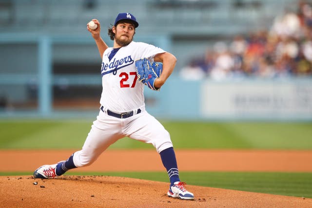<p>Trevor Bauer #27 of the Los Angeles Dodgers throws the first pitch in the first inning against the San Francisco Giants at Dodger Stadium on June 28, 2021 in Los Angeles, California.</p>