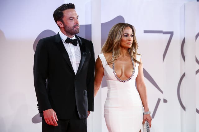 Ben Affleck and Jennifer Lopez pose on the red carpet at the premiere of ‘The Last Duel’ at the Venice Film Festival on 10 September 2021