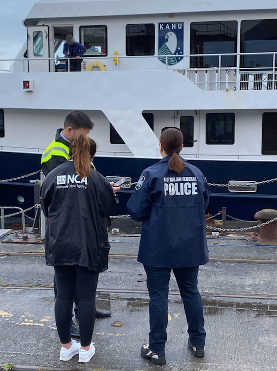 The suspects, aged between 24 and 49, were sailing from the Caribbean aboard the Kahu when they were intercepted and escorted back to the UK mainland