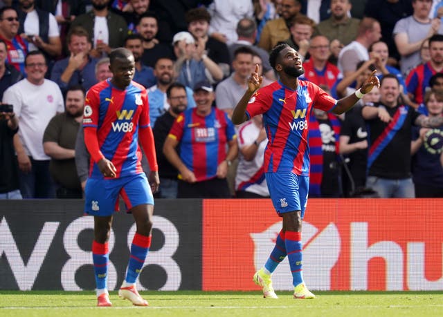 <p>Odsonne Edouard (right) celebrates his first goal for the club at Selhurst Park </p>