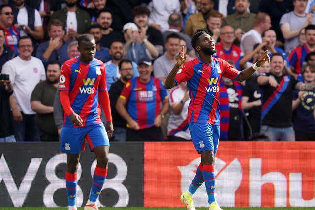 <p>Odsonne Edouard (right) celebrates his first goal for the club at Selhurst Park </p>