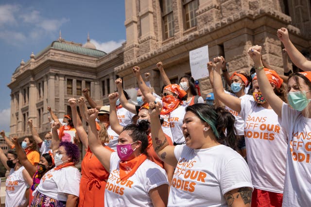 <p>Protesters demonstrate against Texas’s new law banning abortions after six weeks </p>