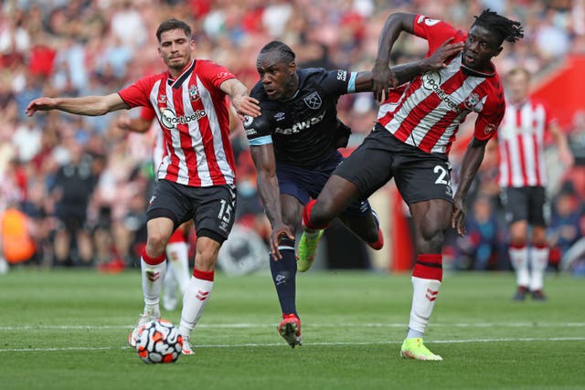 Michail Antonio, centre, saw red as West Ham and Southampton drew 0-0 (Kieran Cleeves/PA)
