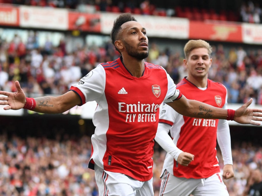 Pierre-Emerick Aubameyang celebrates after he scores Arsenal’s first goal of the Premier League season