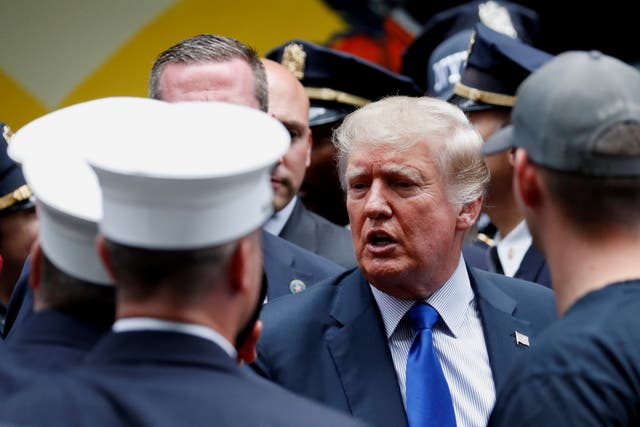 <p>Former President Trump visits the NYPD’s 17th Precinct during the commemoration of the 20th anniversary of the September 11, 2001 attacks in New York City</p>