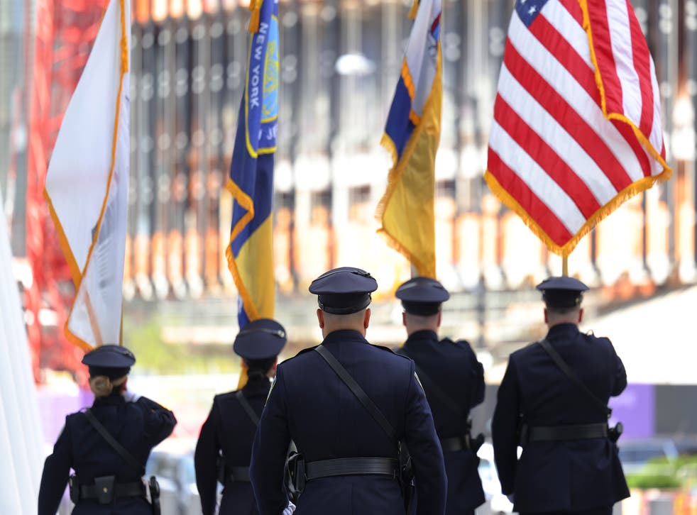 pNEW YORK, NEW YORK - SEPTEMBER 11: Port Authority Police Color Guard march during a Port Authority Interfaith Remembrance Service on the 20th anniversary of September 11th at the North Oculus Plaza on September 11, 2021 in New York City. Port Authority held its annual remembrance service in honor of the 84 members of the agency including 37 members of the Port Authority Police who were killed during the terror attacks on the World Trade Center. The ceremony also honored those who perished in the 1993 WTC bombing. The nation is marking the 20th anniversary of the terror attacks of September 11, 2001, when the terrorist group al-Qaeda flew hijacked airplanes into the World Trade Center, Shanksville, PA and the Pentagon, killing nearly 3,000 people. (Photo by Michael M. Santiago/Getty Images)/p