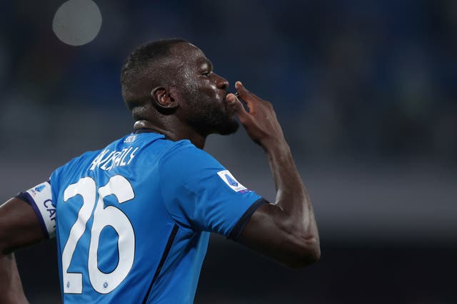 Kalidou Koulibaly celebrates scoring Napoli’s late second goal against Juventus (Alessandro Garofalo/AP)