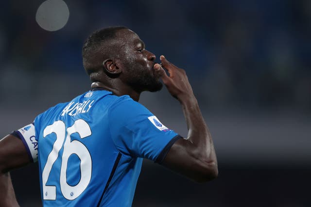 Kalidou Koulibaly celebrates scoring Napoli’s late second goal against Juventus (Alessandro Garofalo/AP)