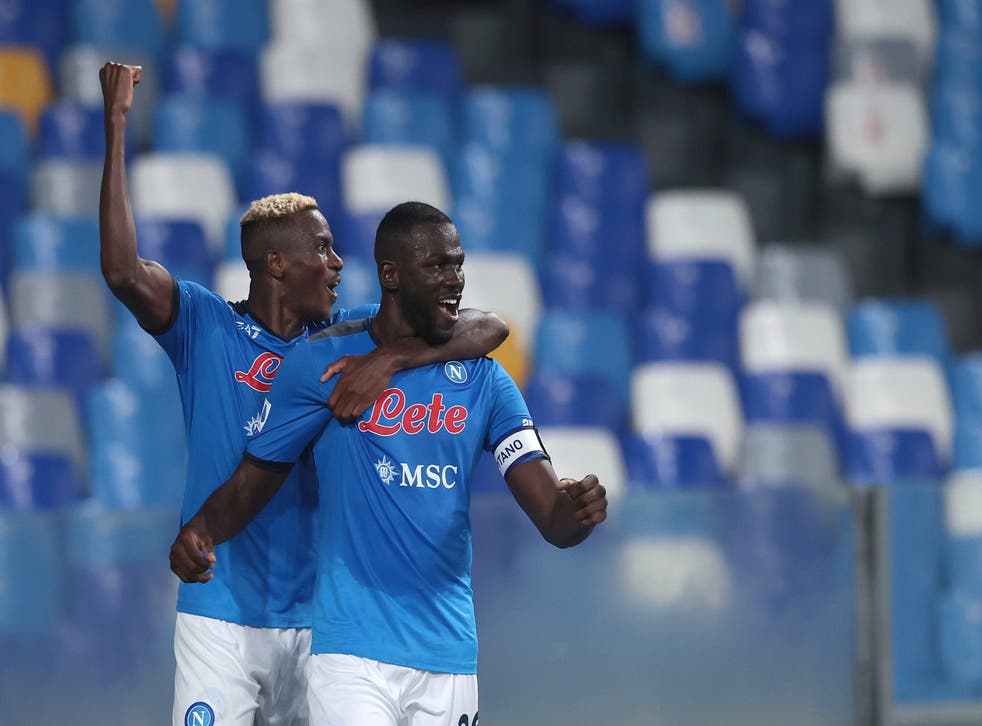 Kalidou Koulibaly celebrates after scoring his side’s second and decisive goal against Juventus (Alessandro Garofalo/AP)