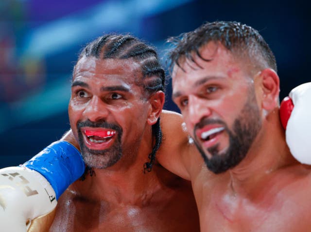 <p>David Haye and Joe Fournier embrace after their fight</p>