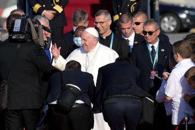 <p>Pope Francis arrives at the Budapest Liszt Ferenc international airport for a brief stopover, before his main trip to Slovakia </p>