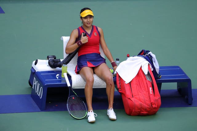 <p>Emma Raducanu skidded on the court in the US Open final and had to receive treatment</p>