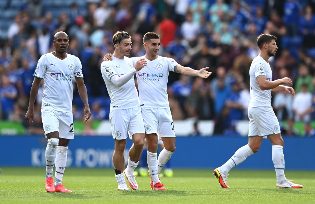 Fernandinho, Jack Grealish and Ferran Torres celebrate their side’s victory at the King Power Stadium on Saturday