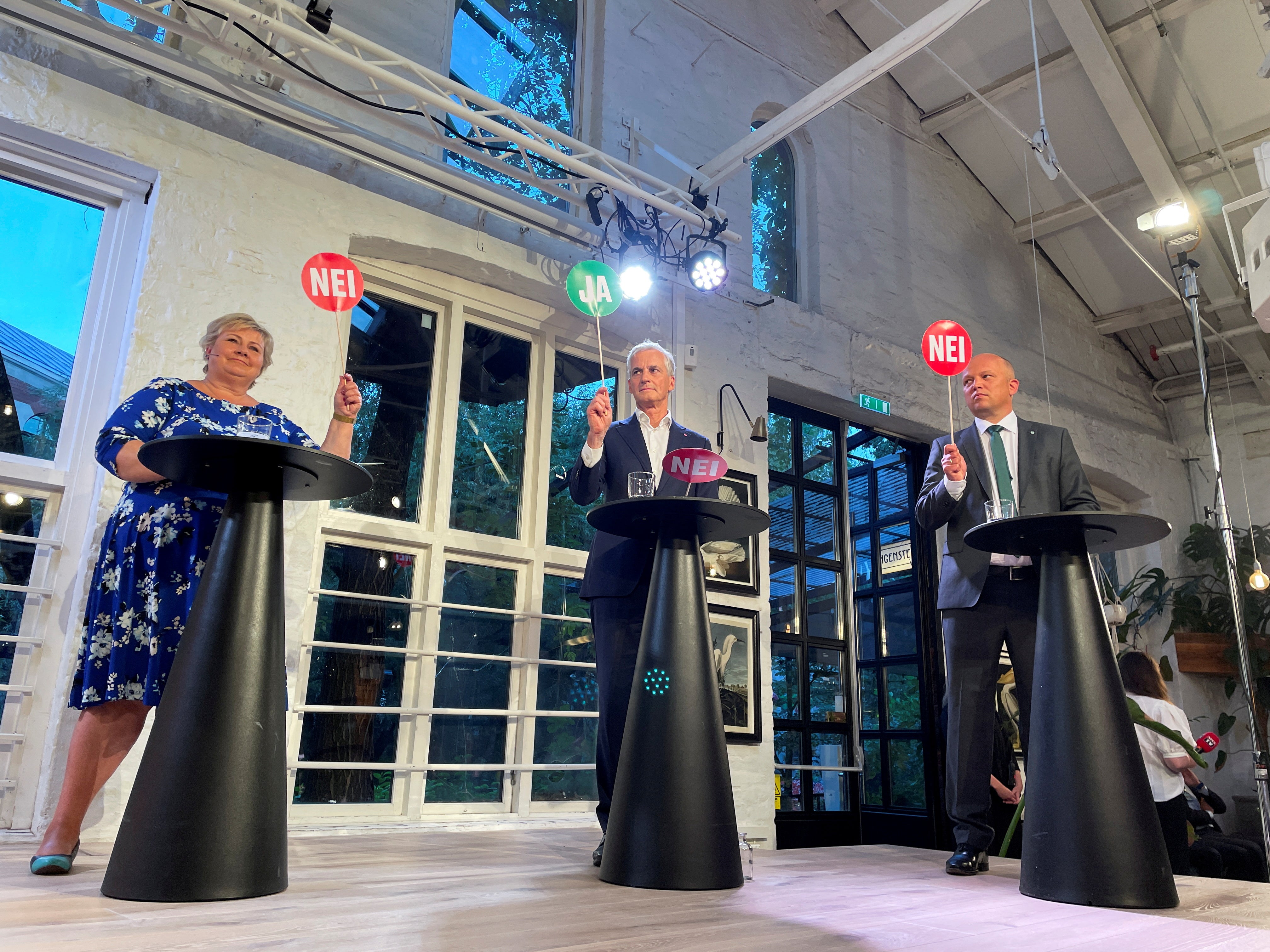 Prime ministerial candidates Erna Solberg from the Conservatives, Jonas Gahr Store from the Labour Party and Trygve Slagsvold Vedum from the Centre Party