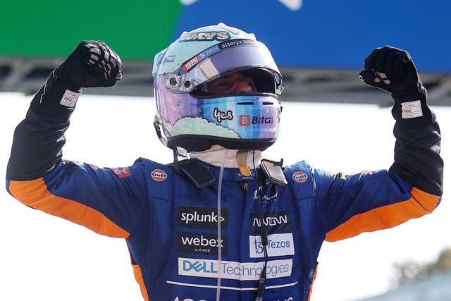<p>Daniel Ricciardo celebrates his first win as a McLaren driver</p>