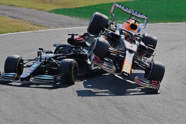 <p>Verstappen’s car went on top of rival Hamilton </p>