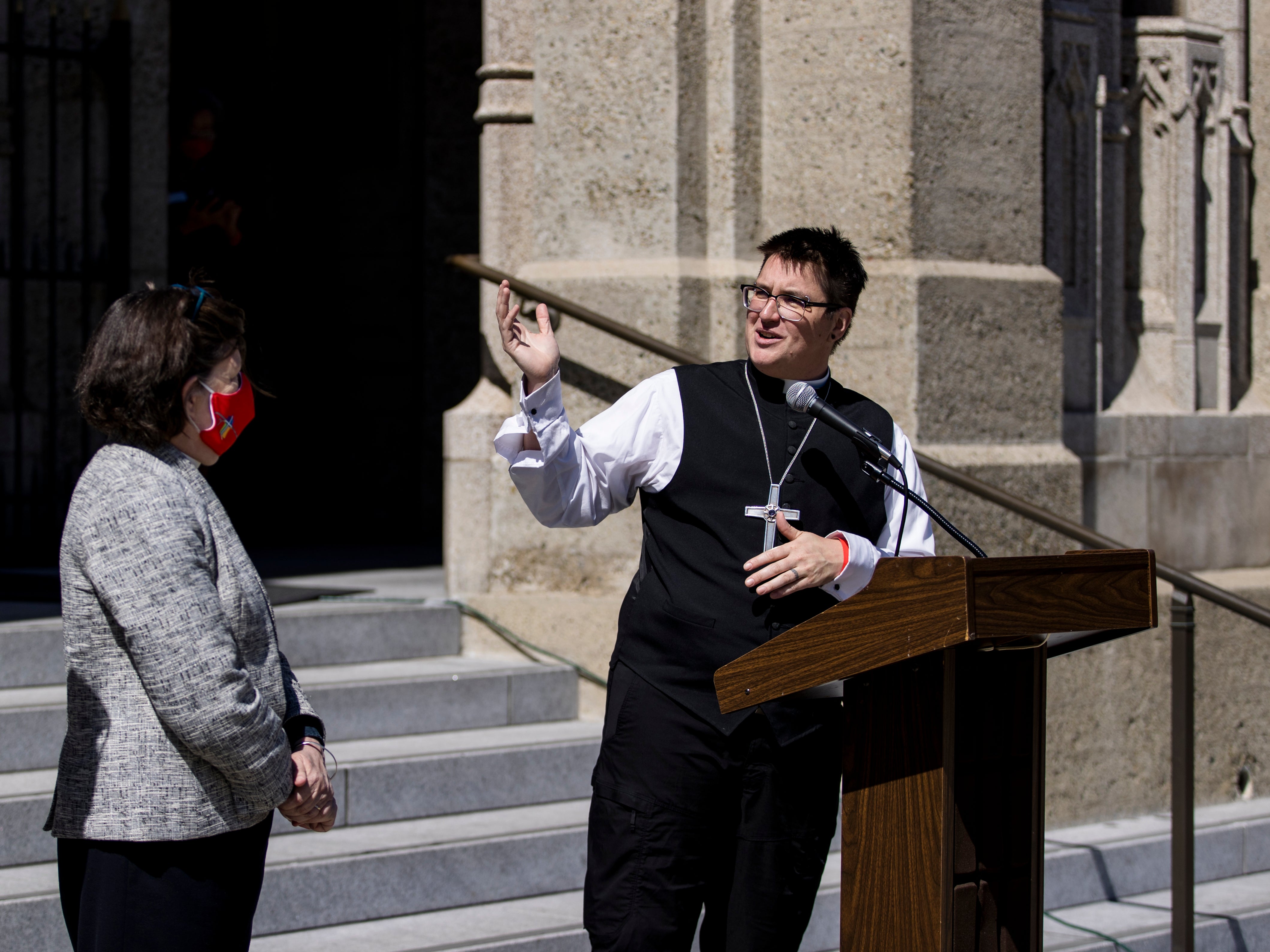 <p>Bishop Megan Rohrer speaks to the press before their installation ceremony at Grace Cathedral in San Francisco, Saturday, Sept. 11, 2021</p>