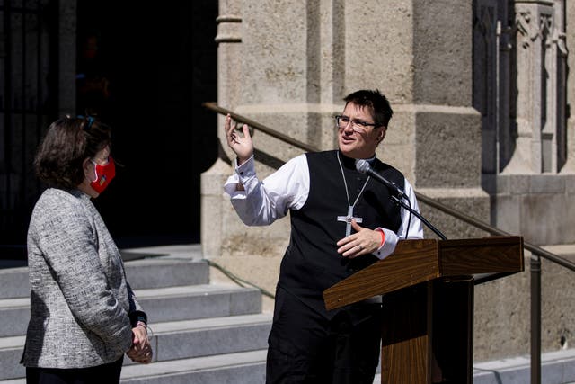 <p>Bishop Megan Rohrer speaks to the press before their installation ceremony at Grace Cathedral in San Francisco, Saturday, Sept. 11, 2021</p>
