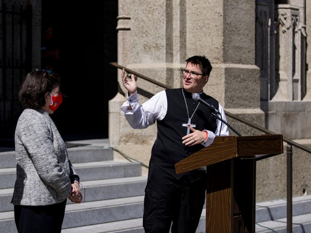 <p>Bishop Megan Rohrer speaks to the press before their installation ceremony at Grace Cathedral in San Francisco, Saturday, Sept. 11, 2021</p>