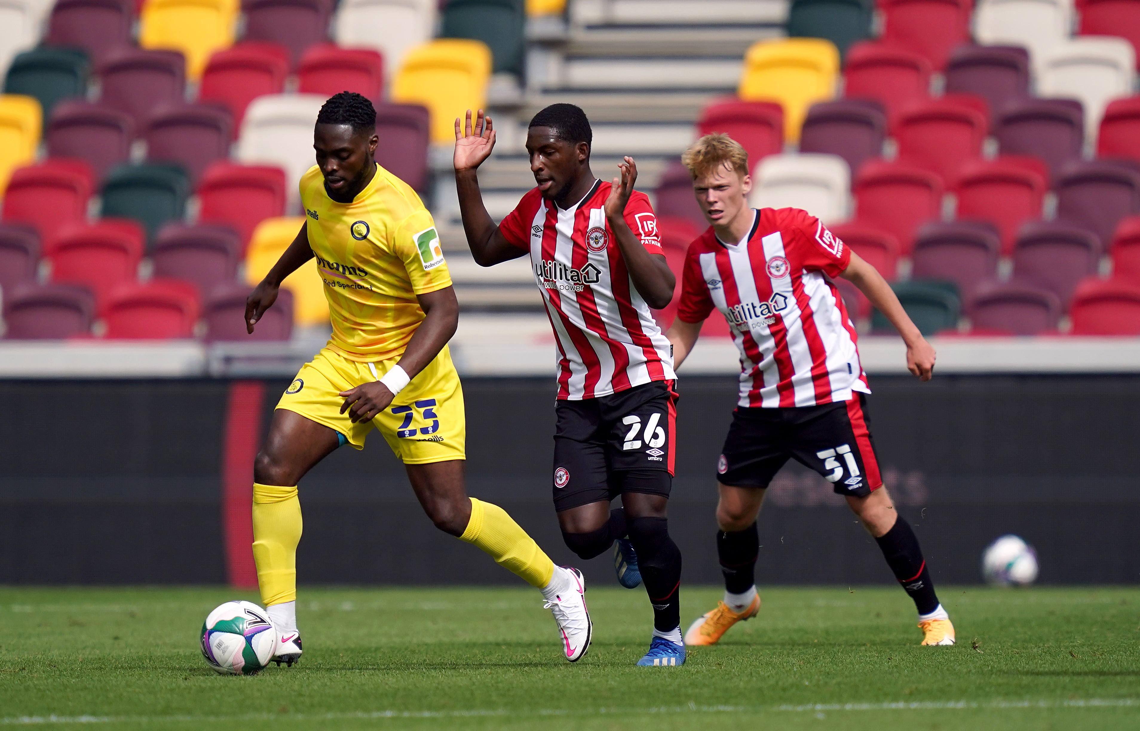 Brentford’s Shandon Baptiste (centre) made his first Premier League start in the 1-0 defeat to Brighton (John Walton/PA)