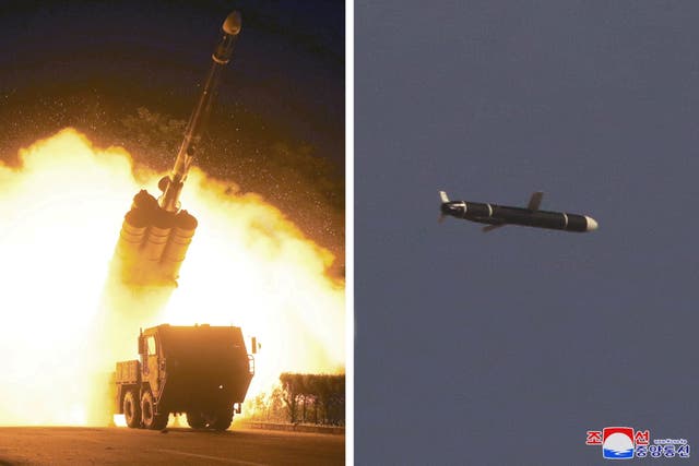 <p>Images from North Korean media purport to show ‘The Academy of National Defense Science’ conducting long-range cruise missile tests</p>