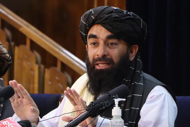 <p>File: Taliban spokesperson Zabihullah Mujahid speaking with journalists during a  press conference</p>