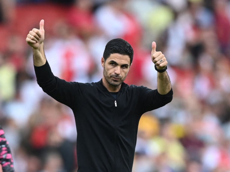 Mikel Arteta reacts at the final whistle after seeing his side beat Norwich City