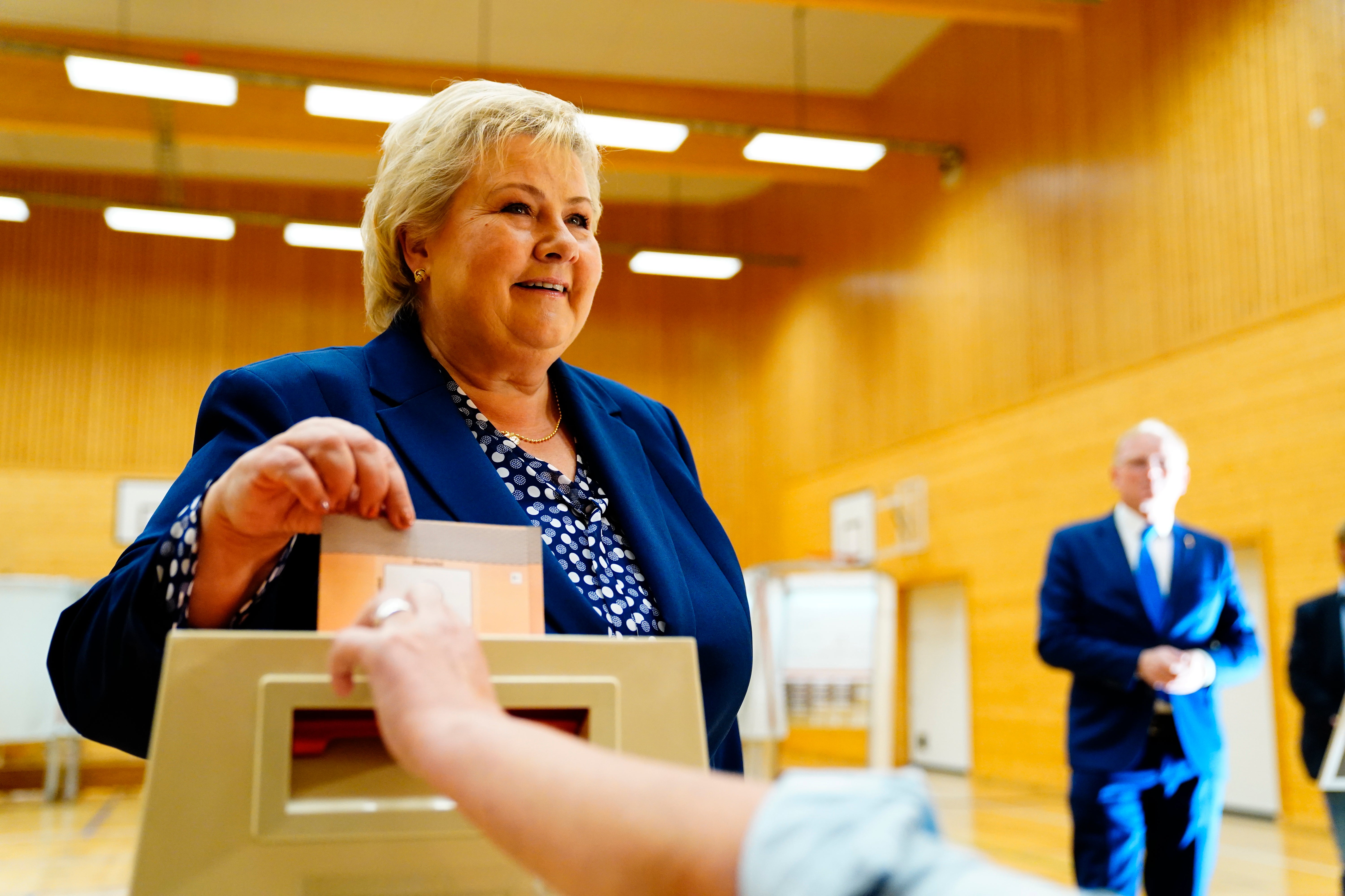 Norwegian Prime Minister Erna Solberg, casts her ballot in the 2021 parliamentary elections in Bergen, Norway