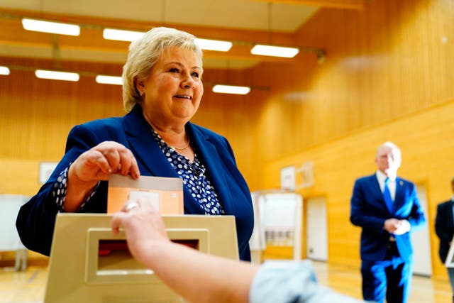 <p>Norwegian Prime Minister Erna Solberg, casts her ballot in the 2021 parliamentary elections in Bergen, Norway</p>