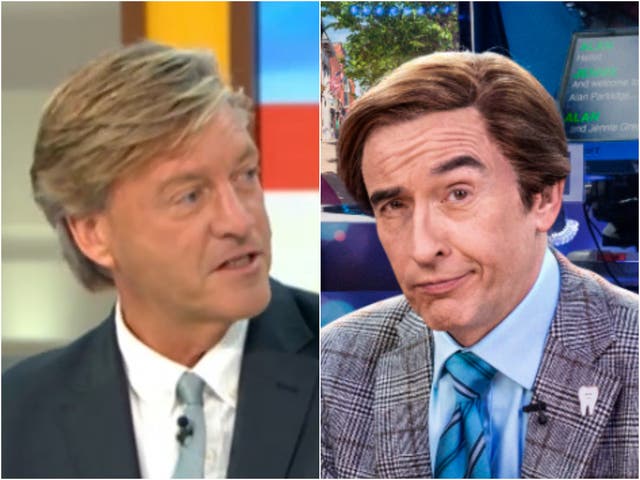 <p>Richard Madeley on ‘GMB’ this morning (left) and Steve Coogan in ‘This Time with Alan Partridge’ (right)</p>