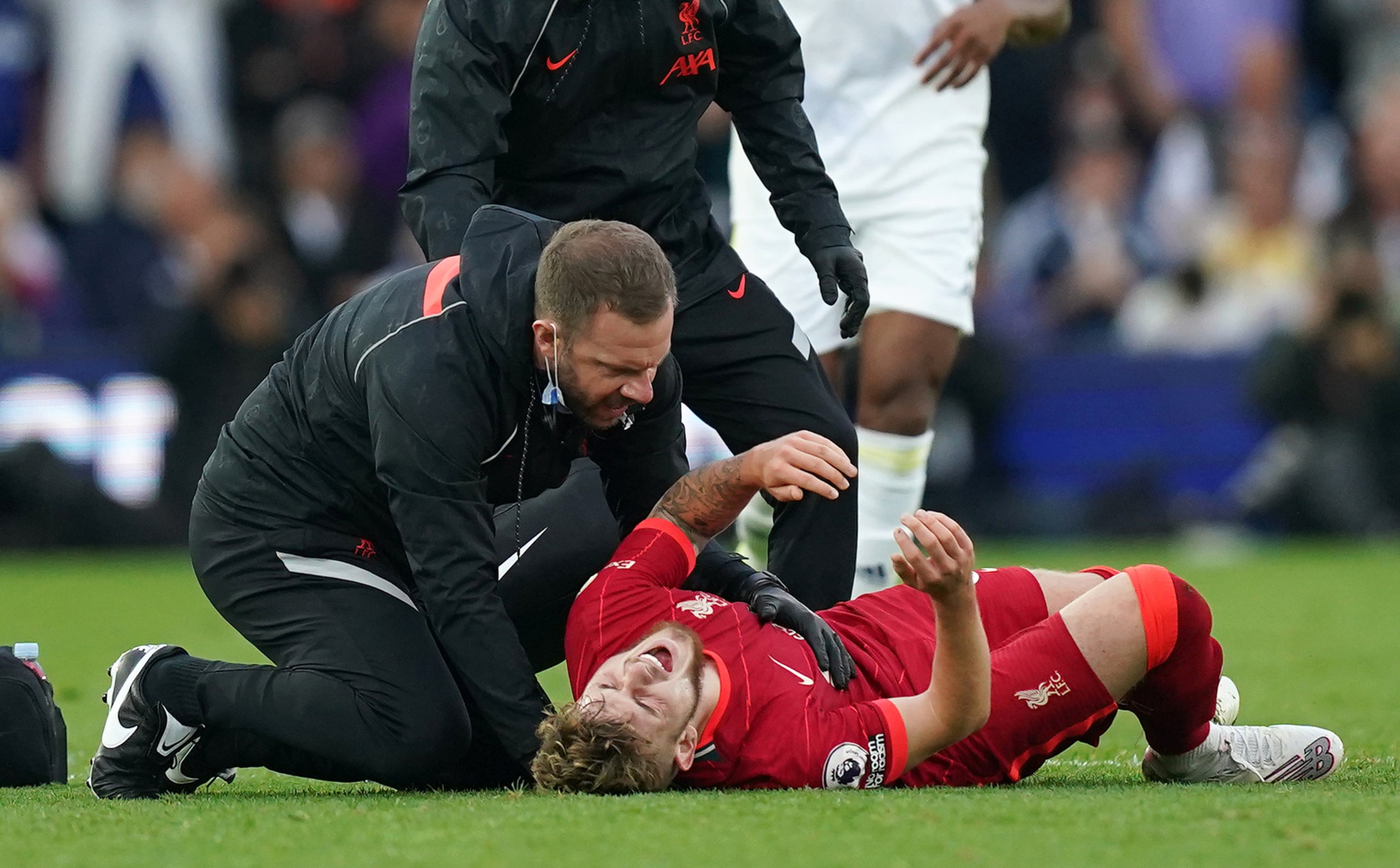 Harvey Elliott was left in agony after dislocating his ankle at Elland Road (Mike Egerton/PA)