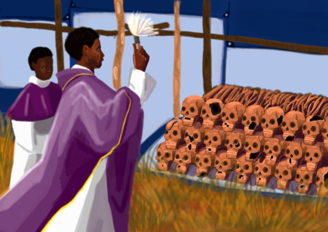 <p>An illustration depicting a priest blessing the bones of the bodies excavated from mass graves in Burundi </p>