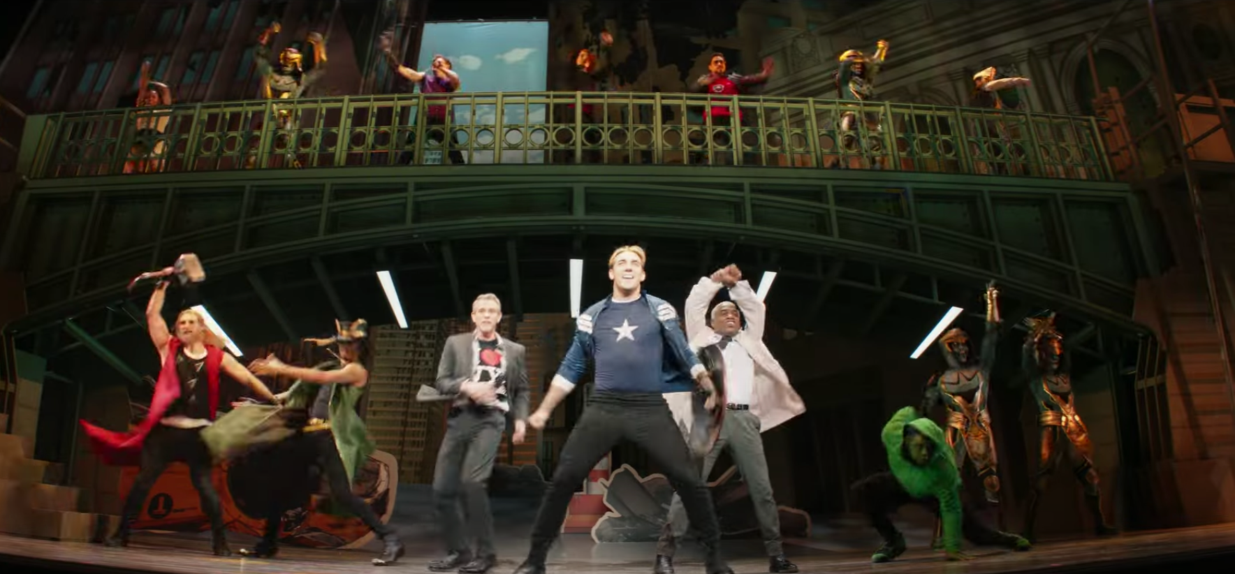 The trailer includes a shot of the very meta Broadway show, featuring versions of additional Marvel characters including Thor and Loki (left)
