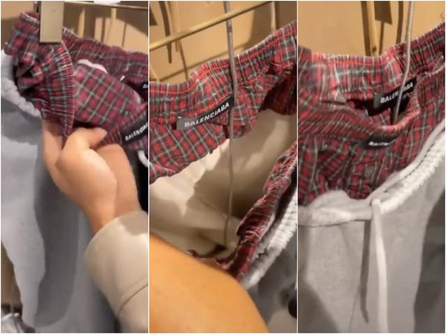 <p>Los pantalones de chándal grises parecen tener la parte superior de unos boxers asomando por encima de la cintura.</p>