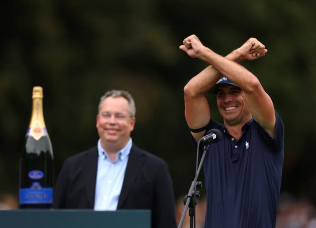 Billy Horschel, right, celebrated his win at Wentworth with two West Ham players (Steven Paston/PA)