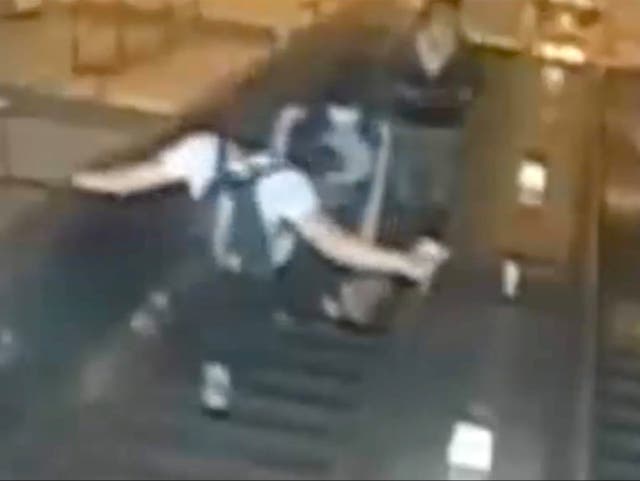 <p>Police are hunting a man who kicked a woman down a Subway escalator in Brooklyn after they had a verbal exchange</p>