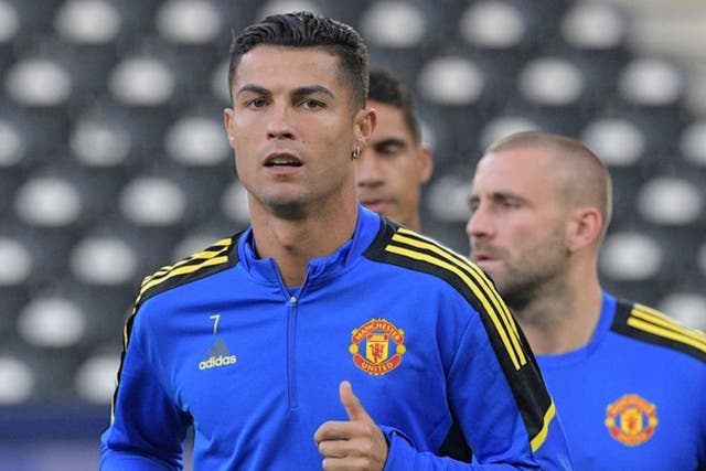 <p>Cristiano Ronaldo trains ahead of tonight’s Champions League tie</p>
