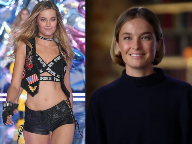 <p>Bridget Malcolm (pictured right in an interview with ‘60 Minutes Australia’ walked in a Victoria’s Secret fashion show in 2015 (left)</p>